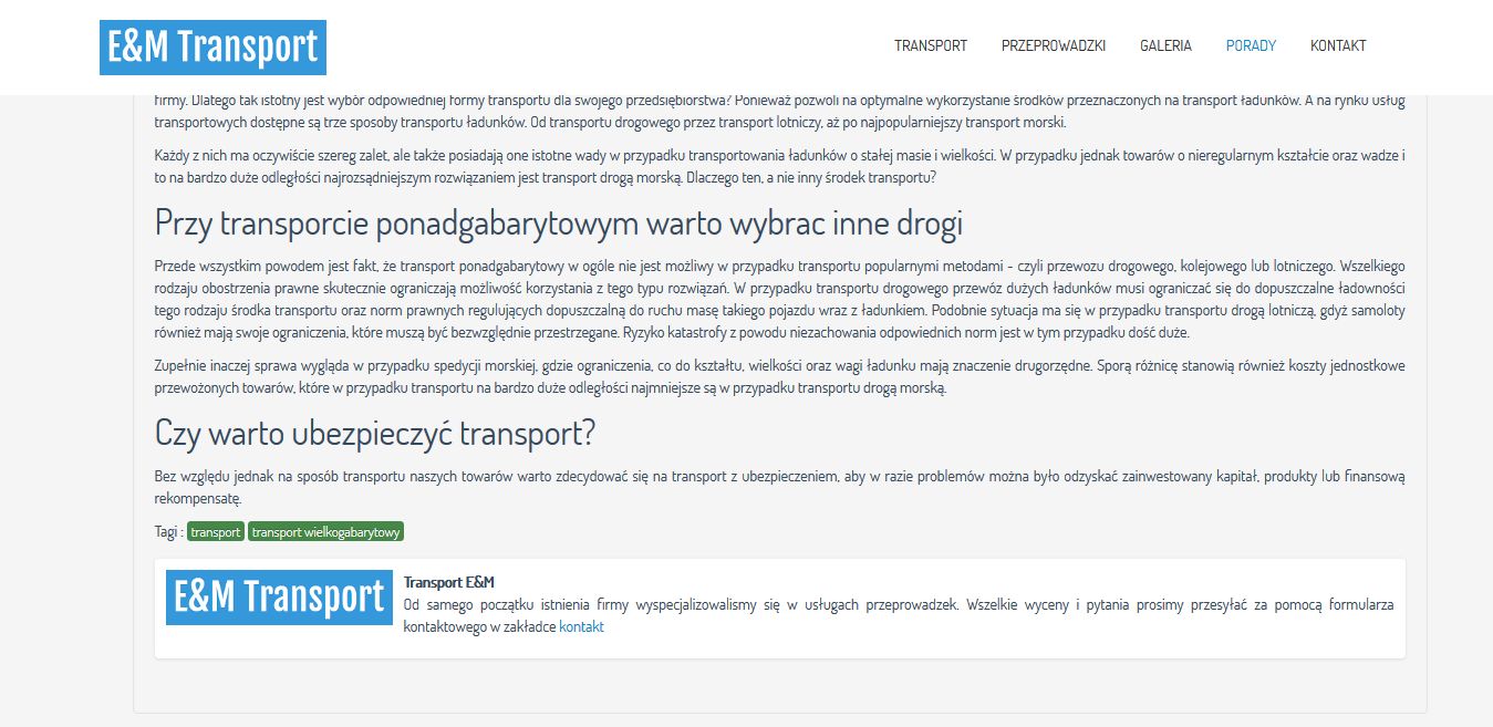 projekt strony internetowej dla firmy Transport-EM